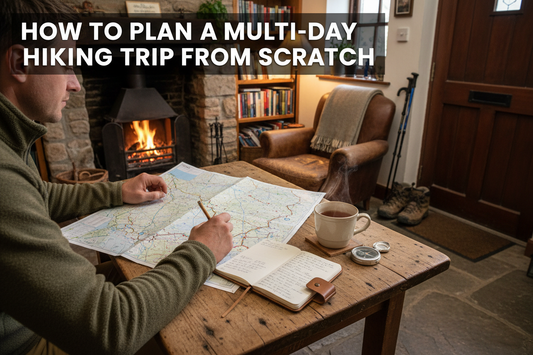 A man planning a hiking trip on a wooden desk with a map and compass 