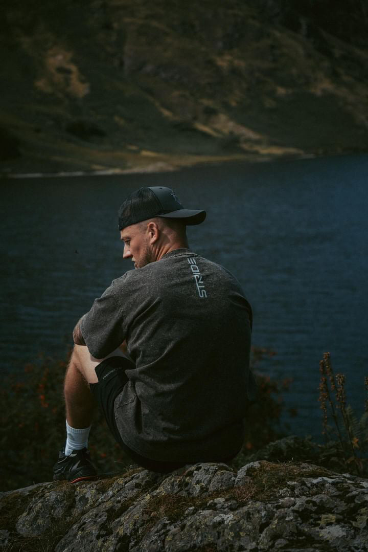 Washed grey cotton drop shoulder tee front view