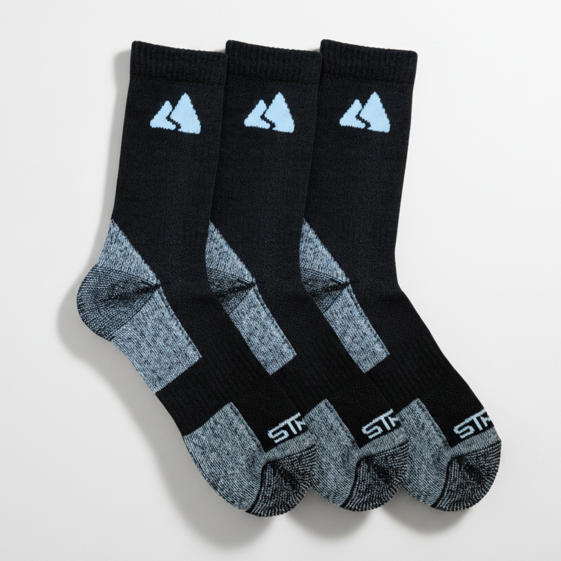 3 pack Black and grey merino wool thermal socks with heel and toe cushioning