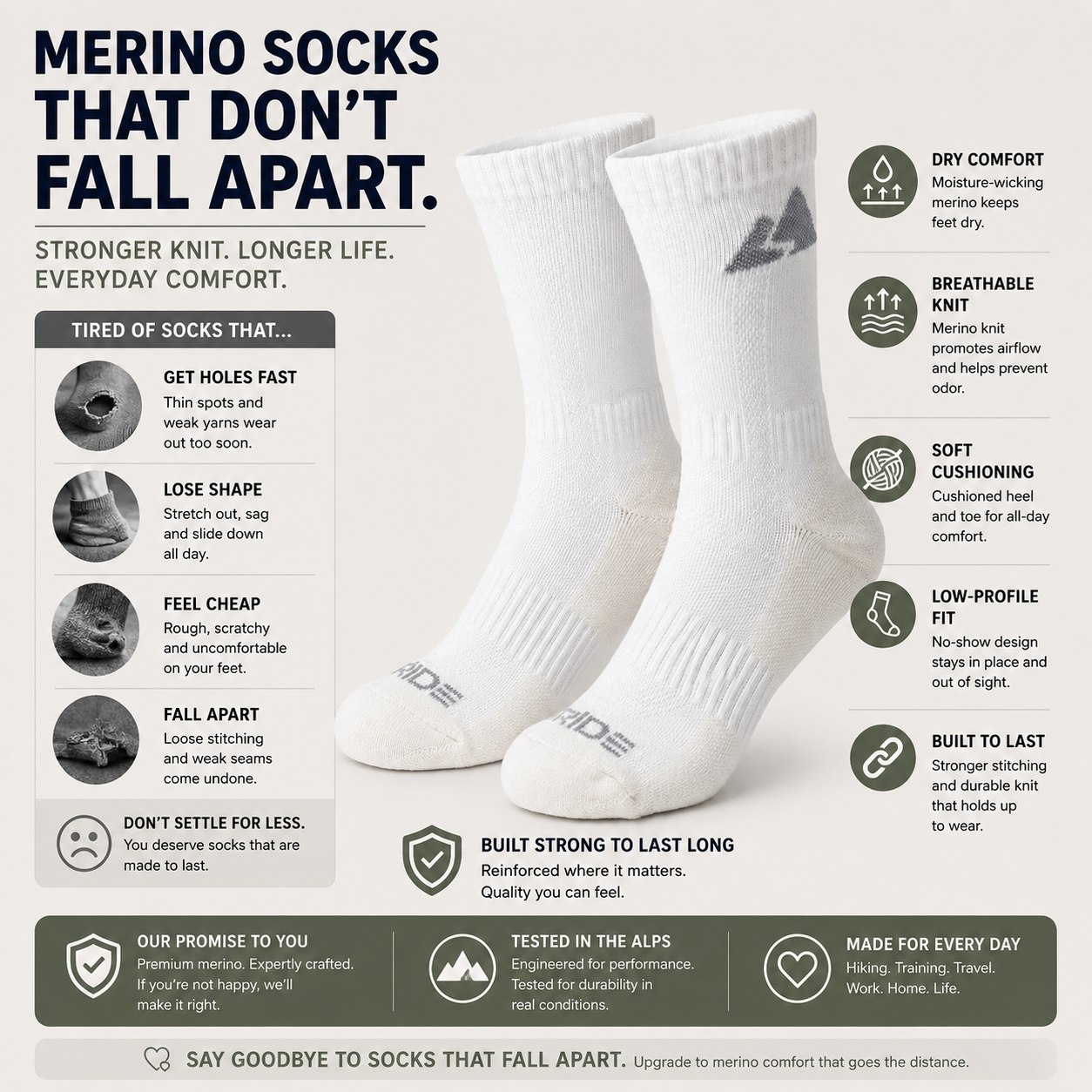 Hochwertige weiße Merino-Crew-Socken für Wandern, Aktivitäten und Laufen