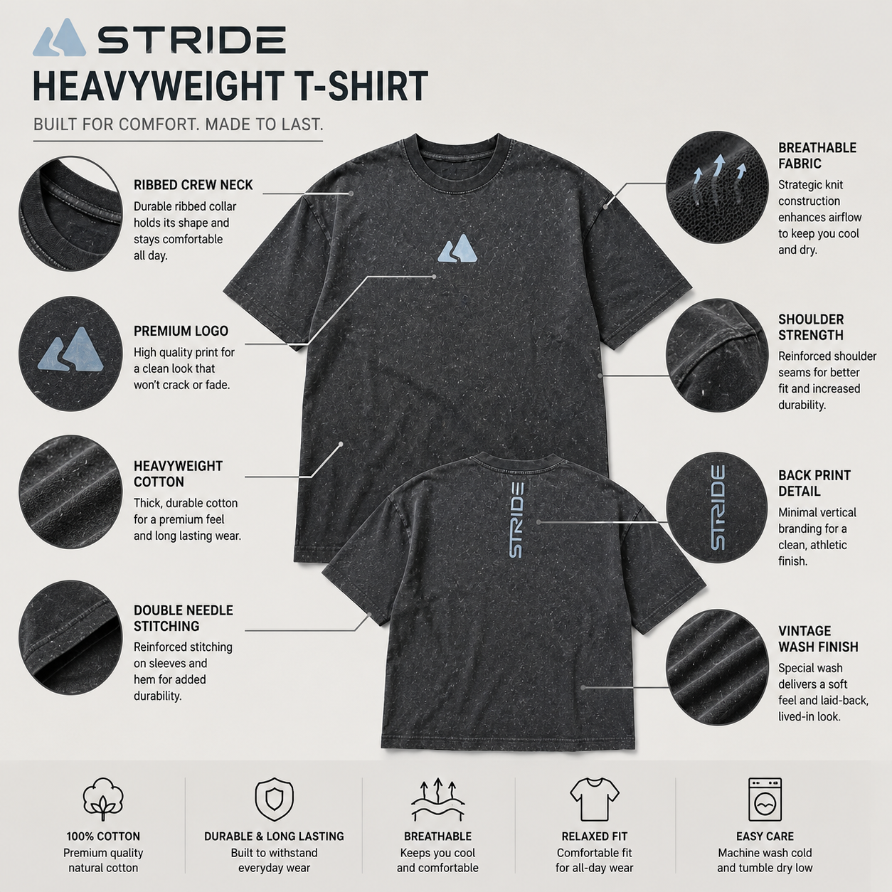 Stride – T-Shirt mit überschnittener Schulter in verwaschenem Grau