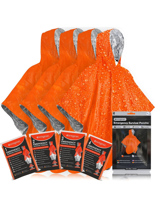 Emergency Survival Poncho (4pc) Thermal Mylar Foil Coating Blanket for Heat Retention and Rain | Reversible with Hood | Waterproof, Windproof, Portable, Hands-free, Outdoor Kit